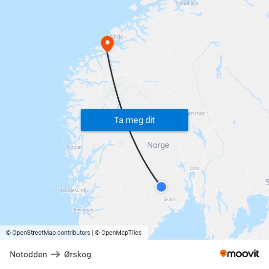 Notodden to Ørskog map