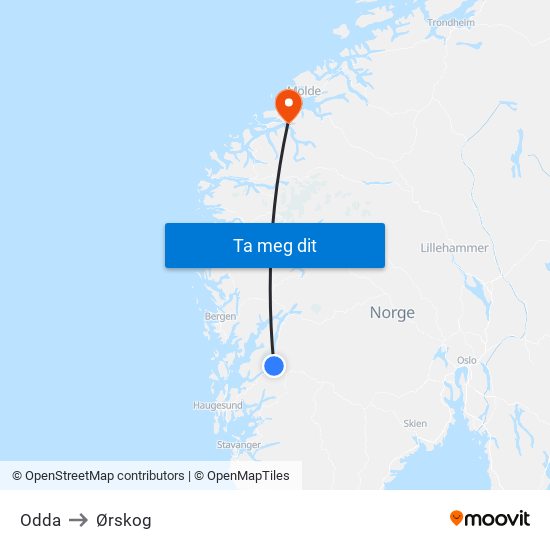 Odda to Ørskog map