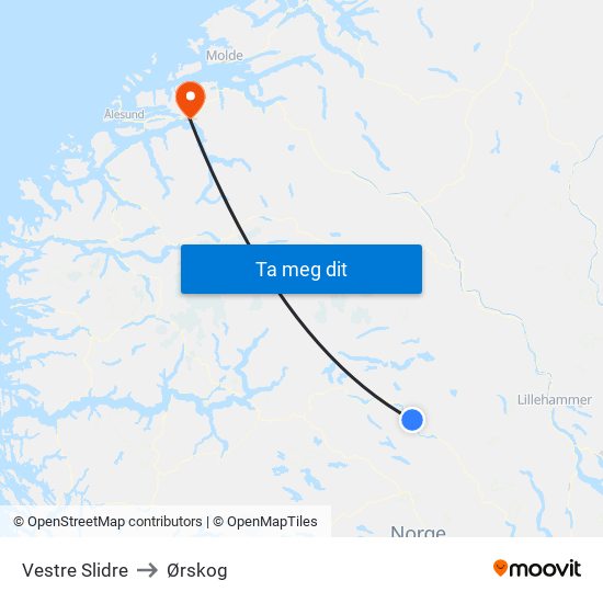 Vestre Slidre to Ørskog map