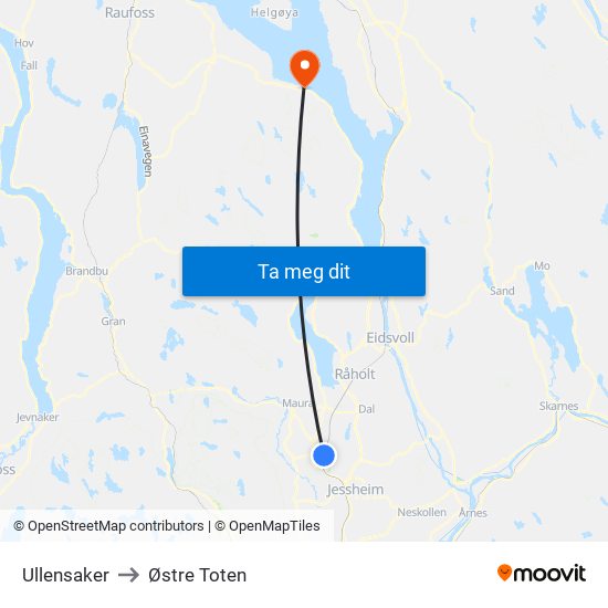 Ullensaker to Østre Toten map