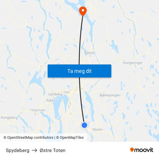 Spydeberg to Østre Toten map