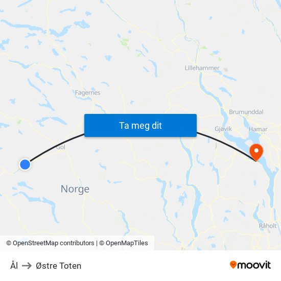 Ål to Østre Toten map