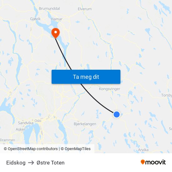 Eidskog to Østre Toten map