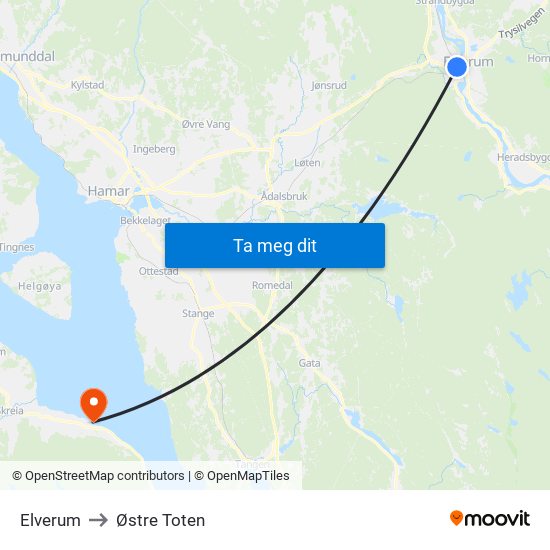 Elverum to Østre Toten map