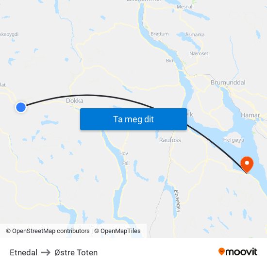 Etnedal to Østre Toten map