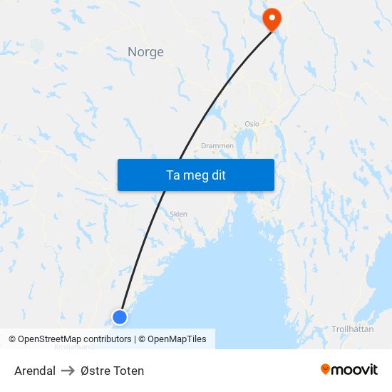 Arendal to Østre Toten map