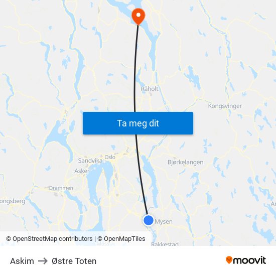 Askim to Østre Toten map