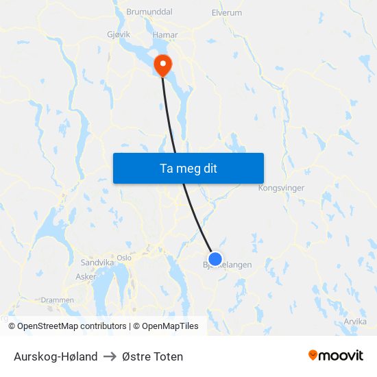 Aurskog-Høland to Østre Toten map
