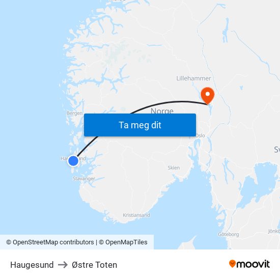 Haugesund to Østre Toten map
