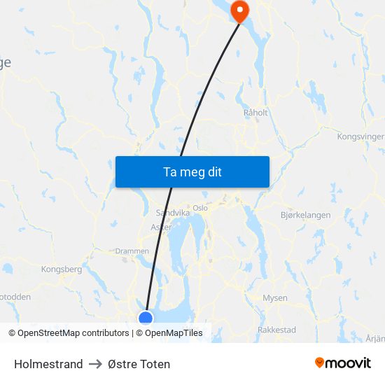 Holmestrand to Østre Toten map