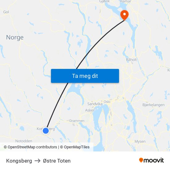 Kongsberg to Østre Toten map