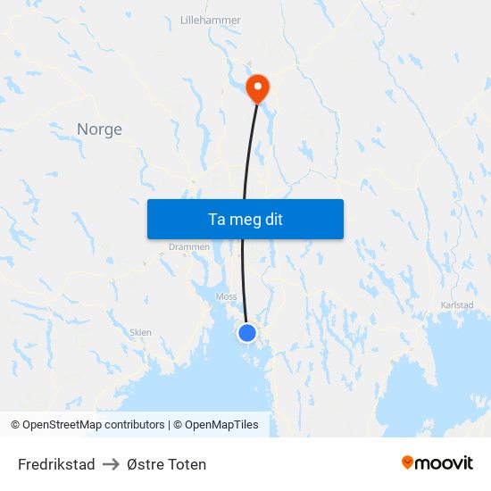 Fredrikstad to Østre Toten map