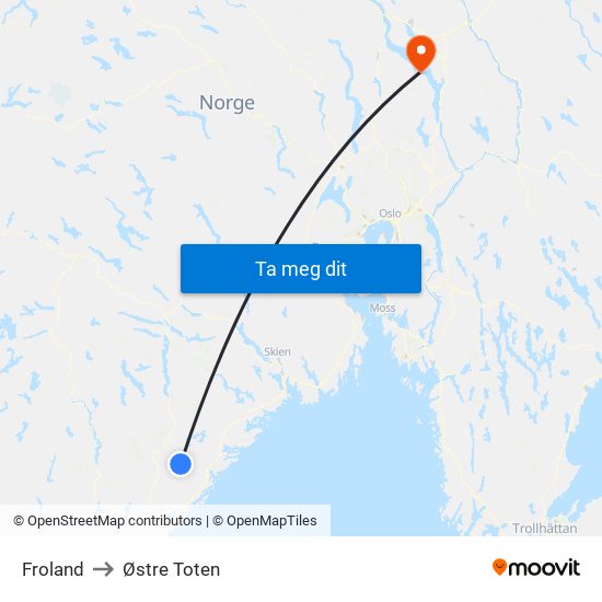 Froland to Østre Toten map