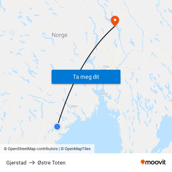 Gjerstad to Østre Toten map