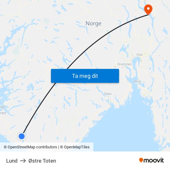 Lund to Østre Toten map