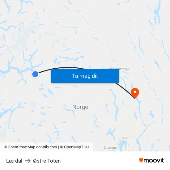 Lærdal to Østre Toten map