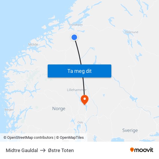 Midtre Gauldal to Østre Toten map