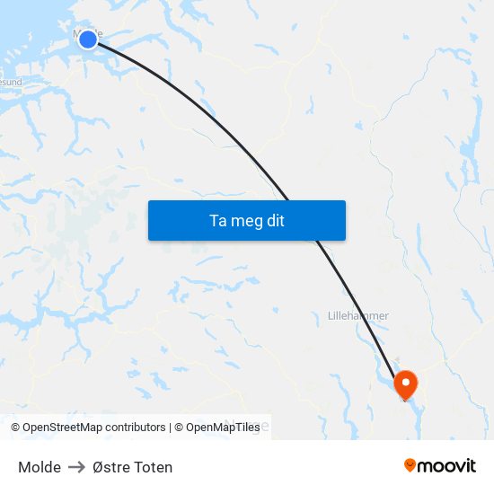 Molde to Østre Toten map