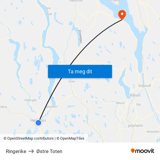 Ringerike to Østre Toten map