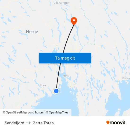 Sandefjord to Østre Toten map