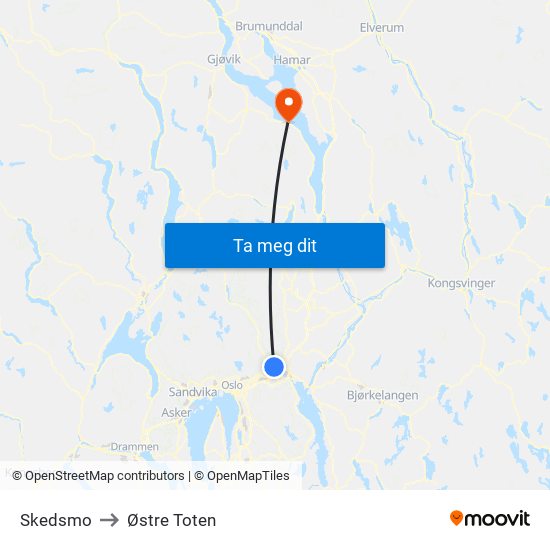 Skedsmo to Østre Toten map