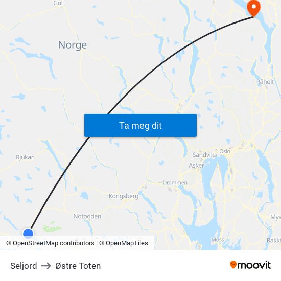 Seljord to Østre Toten map
