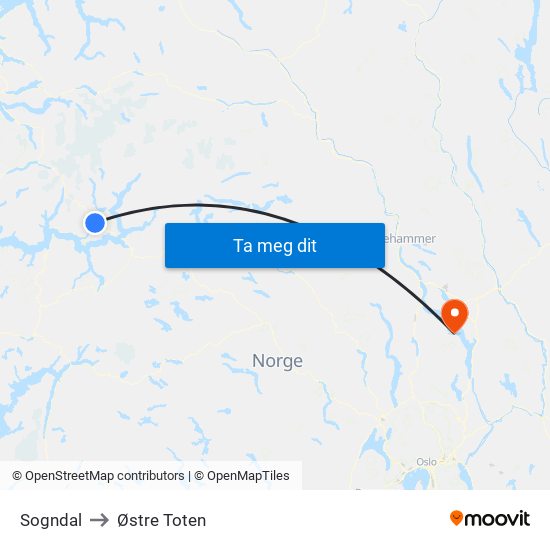 Sogndal to Østre Toten map