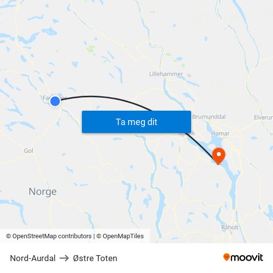 Nord-Aurdal to Østre Toten map