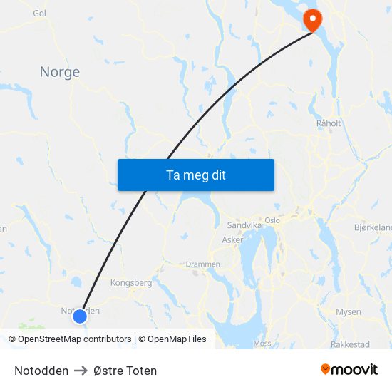 Notodden to Østre Toten map