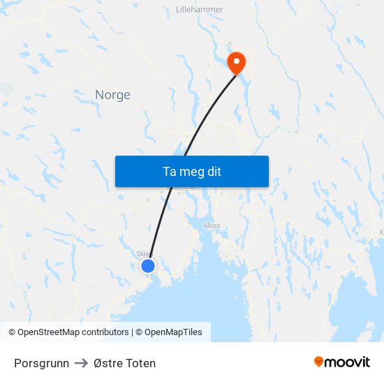 Porsgrunn to Østre Toten map