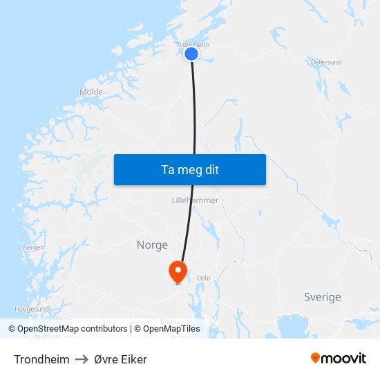 Trondheim to Øvre Eiker map