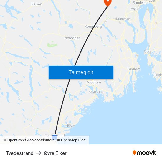 Tvedestrand to Øvre Eiker map