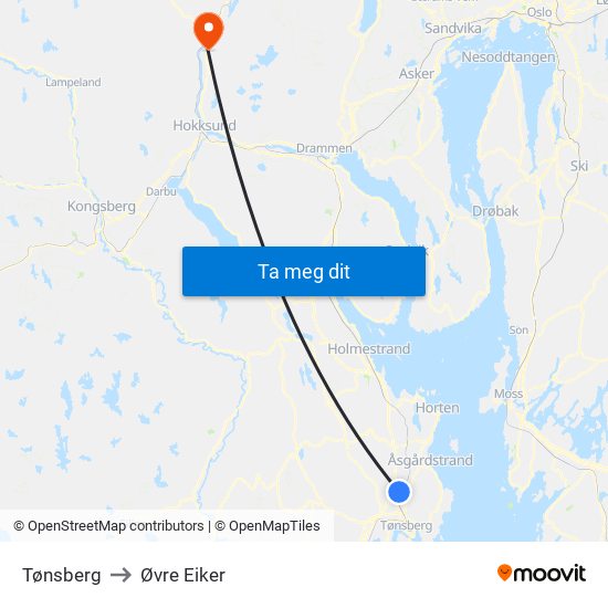 Tønsberg to Øvre Eiker map