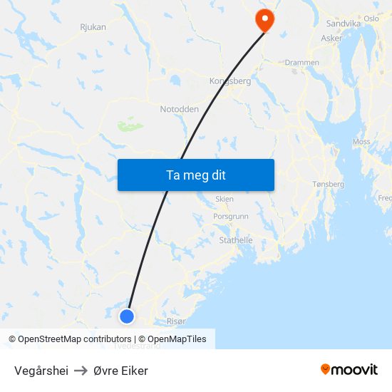 Vegårshei to Øvre Eiker map