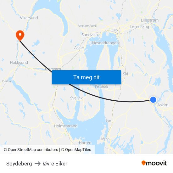 Spydeberg to Øvre Eiker map