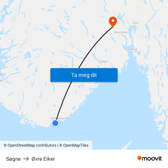 Søgne to Øvre Eiker map