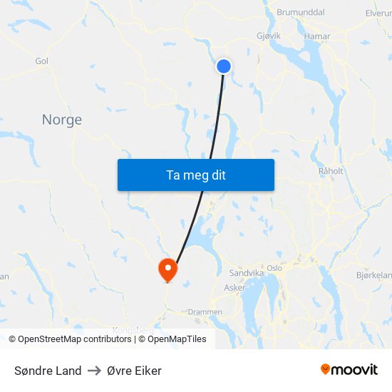 Søndre Land to Øvre Eiker map