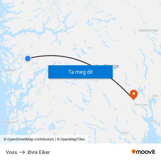 Voss to Øvre Eiker map