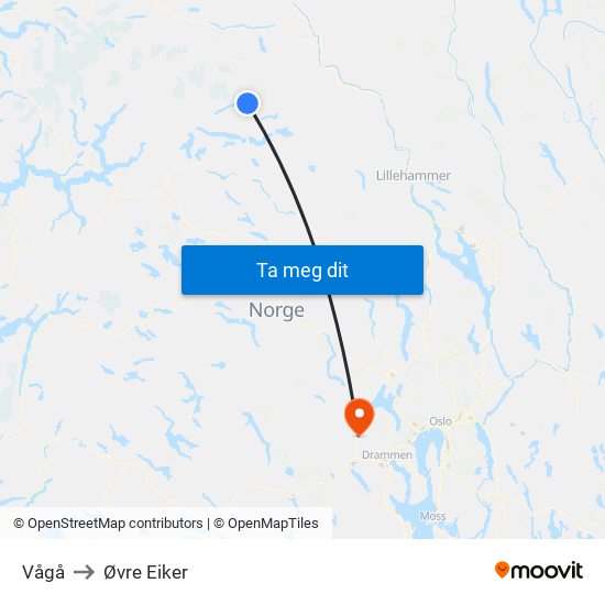 Vågå to Øvre Eiker map