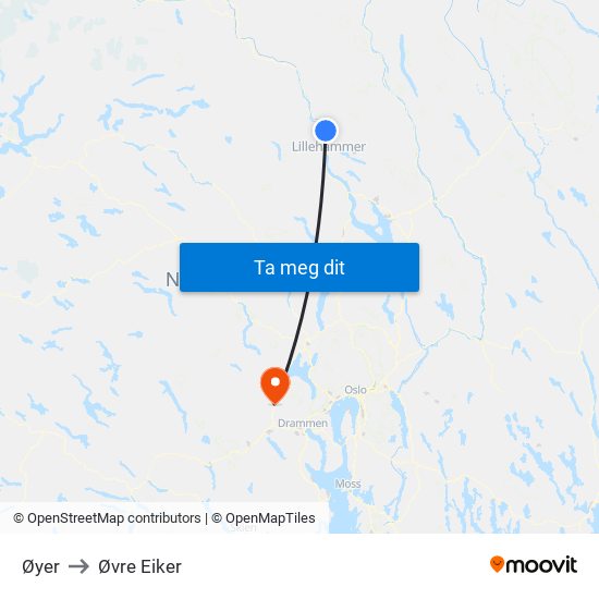 Øyer to Øvre Eiker map