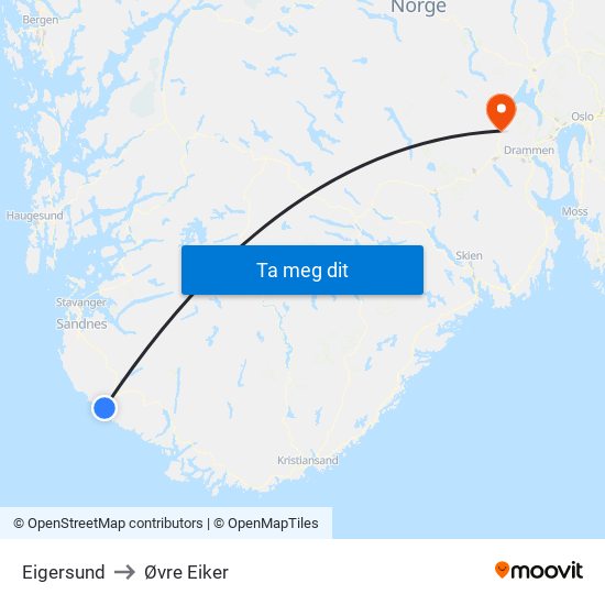 Eigersund to Øvre Eiker map