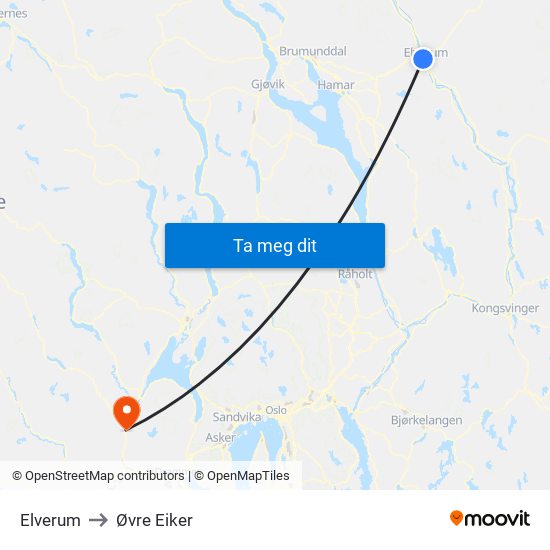 Elverum to Øvre Eiker map