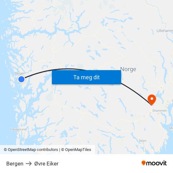 Bergen to Øvre Eiker map