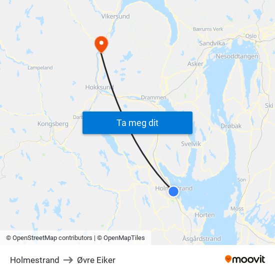 Holmestrand to Øvre Eiker map