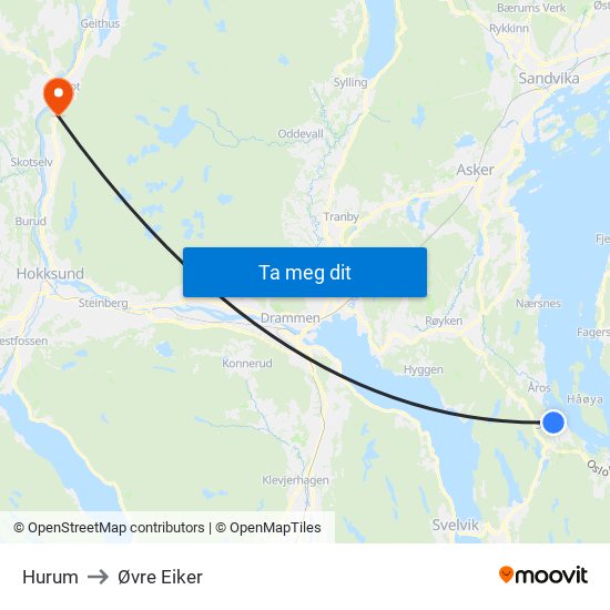 Hurum to Øvre Eiker map