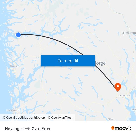 Høyanger to Øvre Eiker map