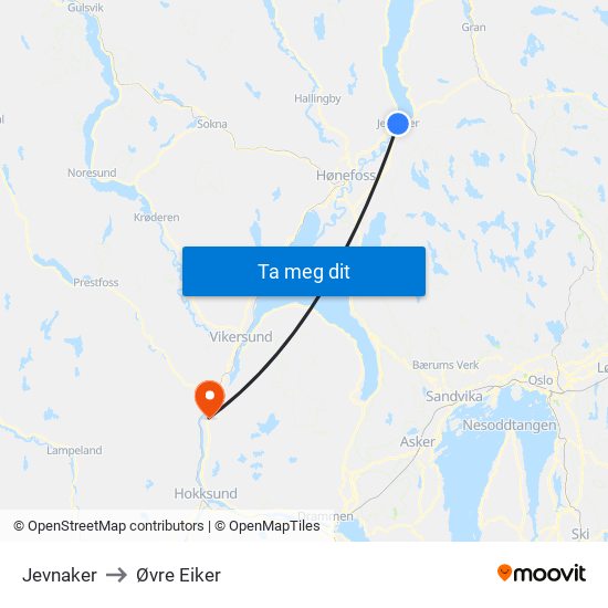 Jevnaker to Øvre Eiker map
