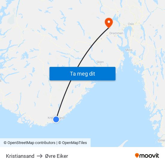 Kristiansand to Øvre Eiker map