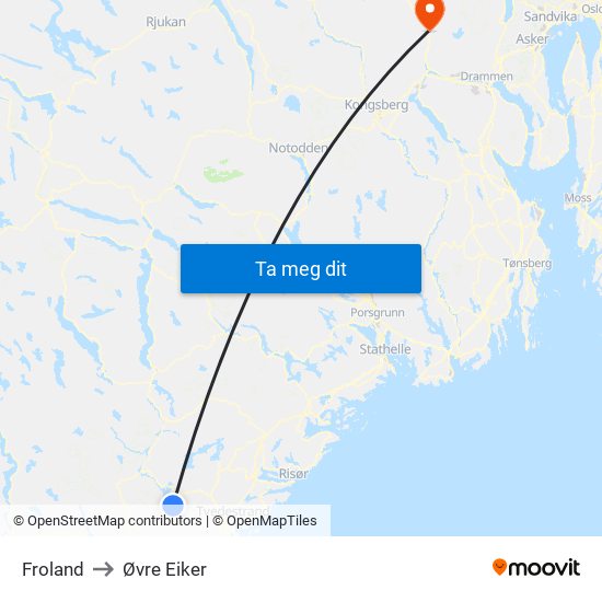 Froland to Øvre Eiker map