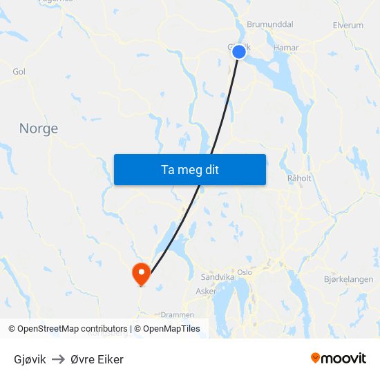 Gjøvik to Øvre Eiker map